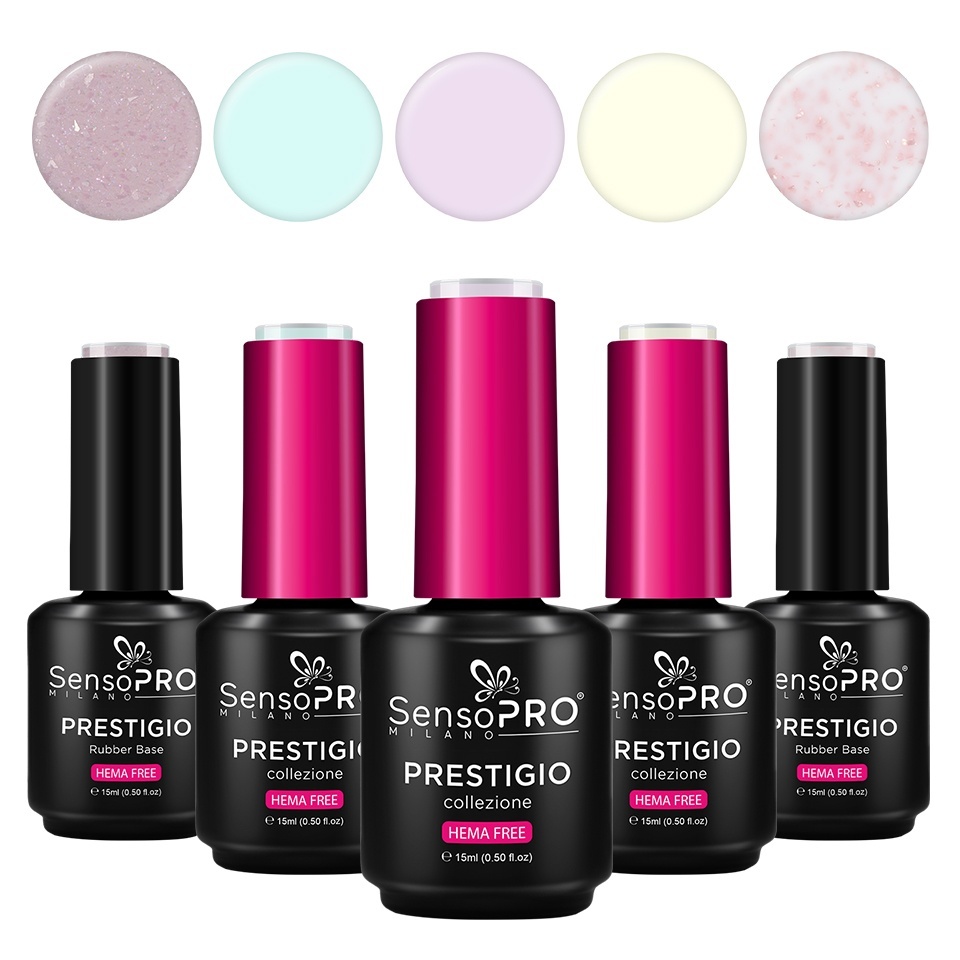 Set 3 Oje Semipermanente &amp; 2 Rubber Base PRESTIGIO SensoPRO Milano - Skyline Pastels