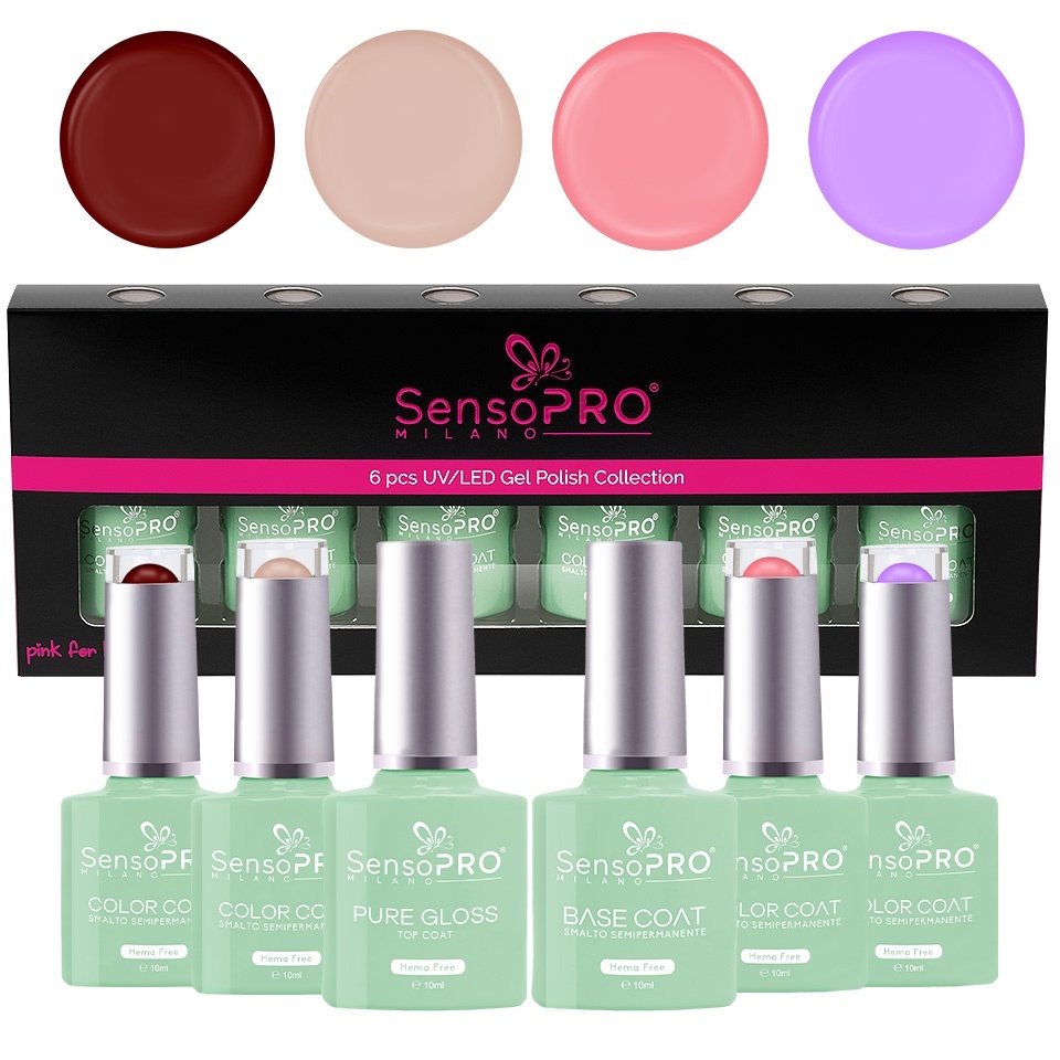 Set 4 Oje Semipermanente, Base &amp; Top Coat Hema Free 10ml SensoPRO Milano, Radiance Charm