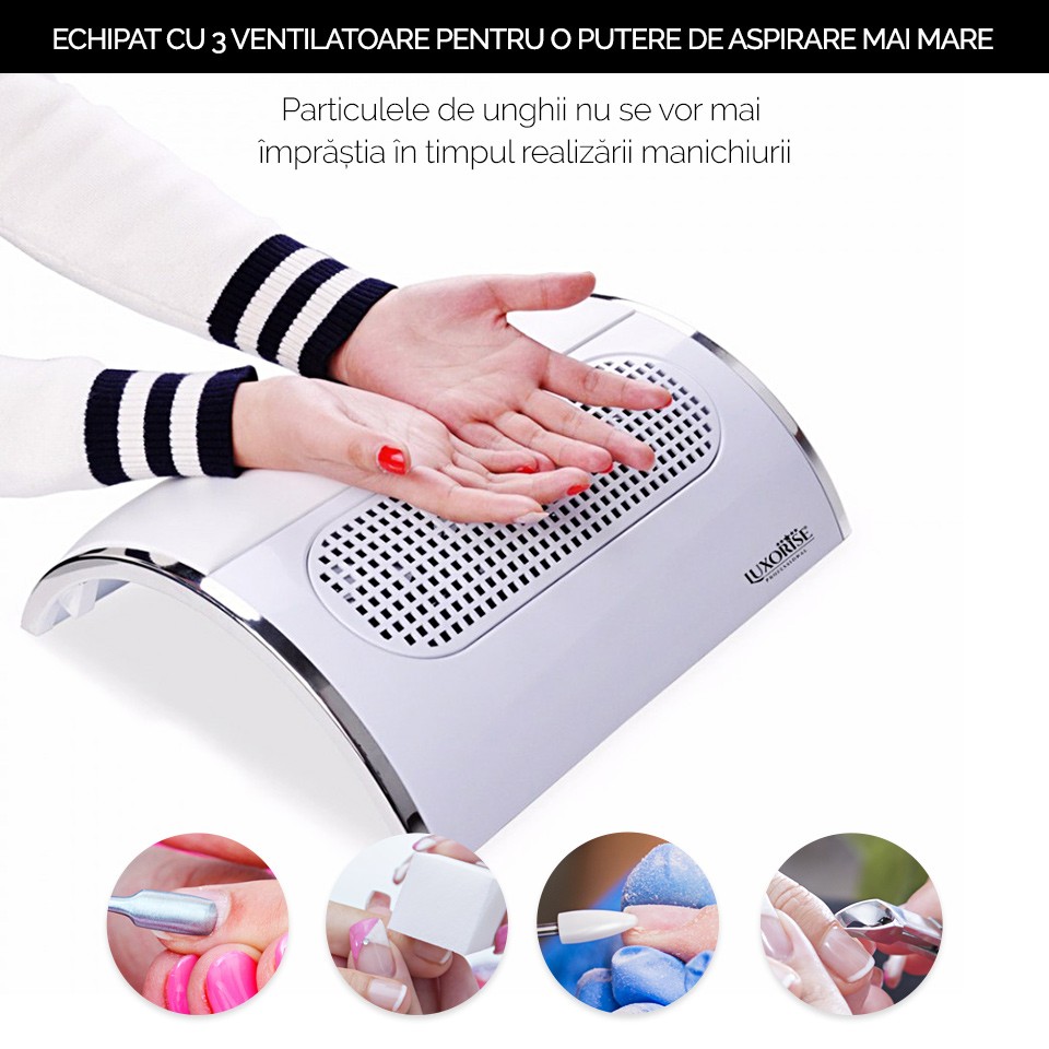 Aspirator Unghii Profesional 3 Motoare TrioPower PRO LUXORISE – Colector Praf, Alb - Image 7