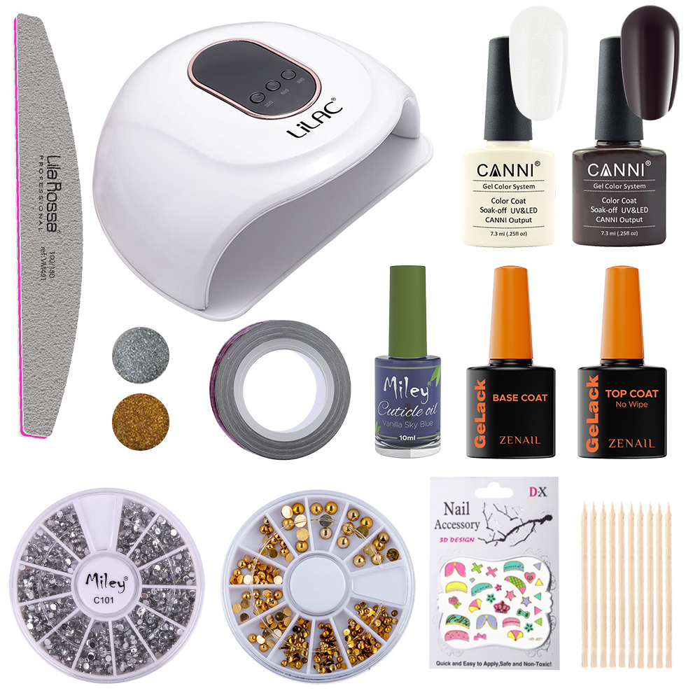Kit oja semipermanenta Canni, Black and White, lampa UV Lilac led 90 W, cu 2 oje Canni, baza, top si accesorii