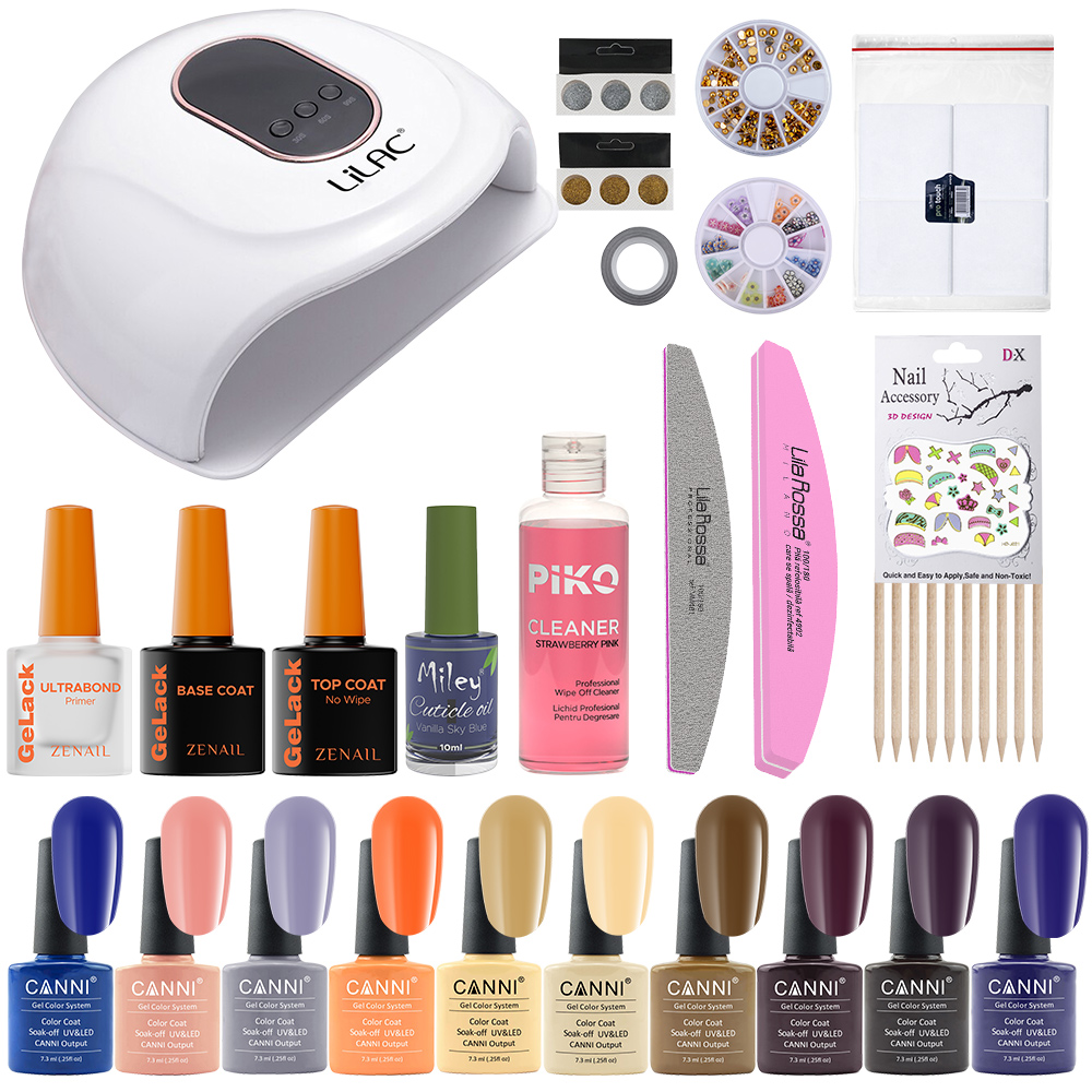 Kit oja semipermanenta Canni, Nude Collection, lampa UV Lilac led 90 W, cu 10 oje Canni, baza, top si accesorii