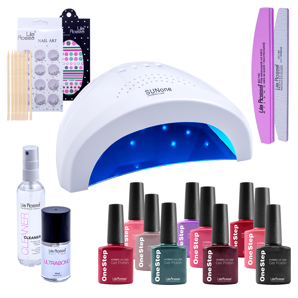 Kit Premium oja semipermanenta Lila Rossa, lampa uv led SunOne 48 W + 10 oje Lila Rossa OneStep