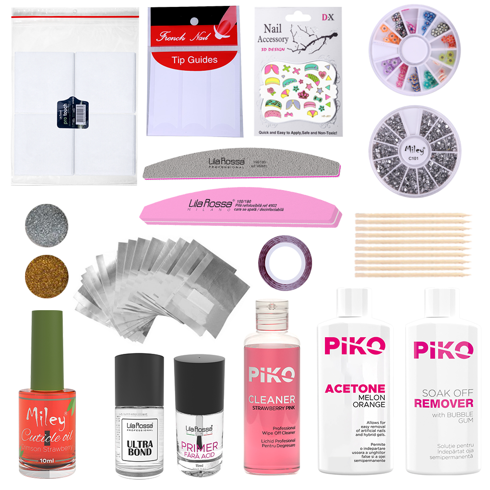 Kit accesorii pentru oja semipermanenta si gel UV, Lila Rossa, Perfect Nails, lichide de pregatire, pile, decor unghii