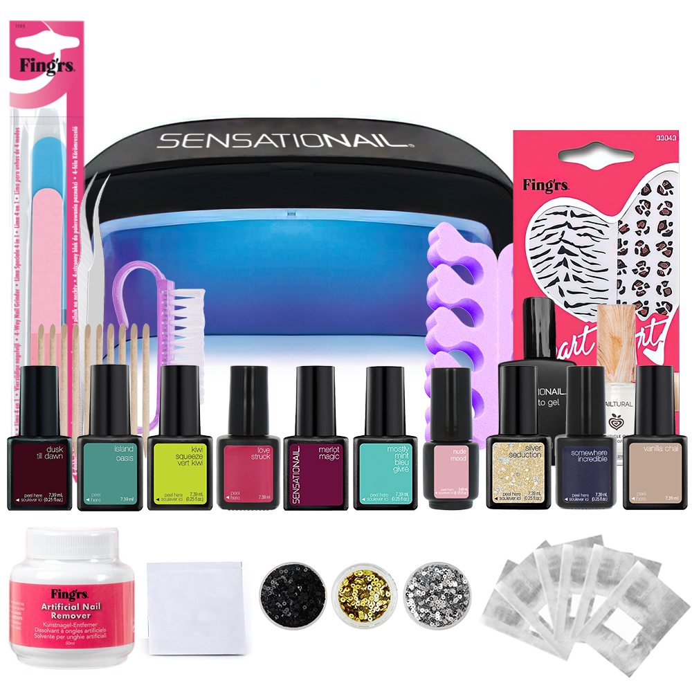 Kit oja semipermanenta 10 buc + lampa led/uv unghii + set nail art Sensationail