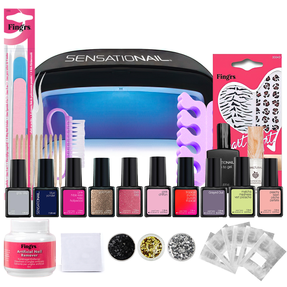 Kit oja semipermanenta 10 buc + lampa led/uv unghii + set nail art Sensationail
