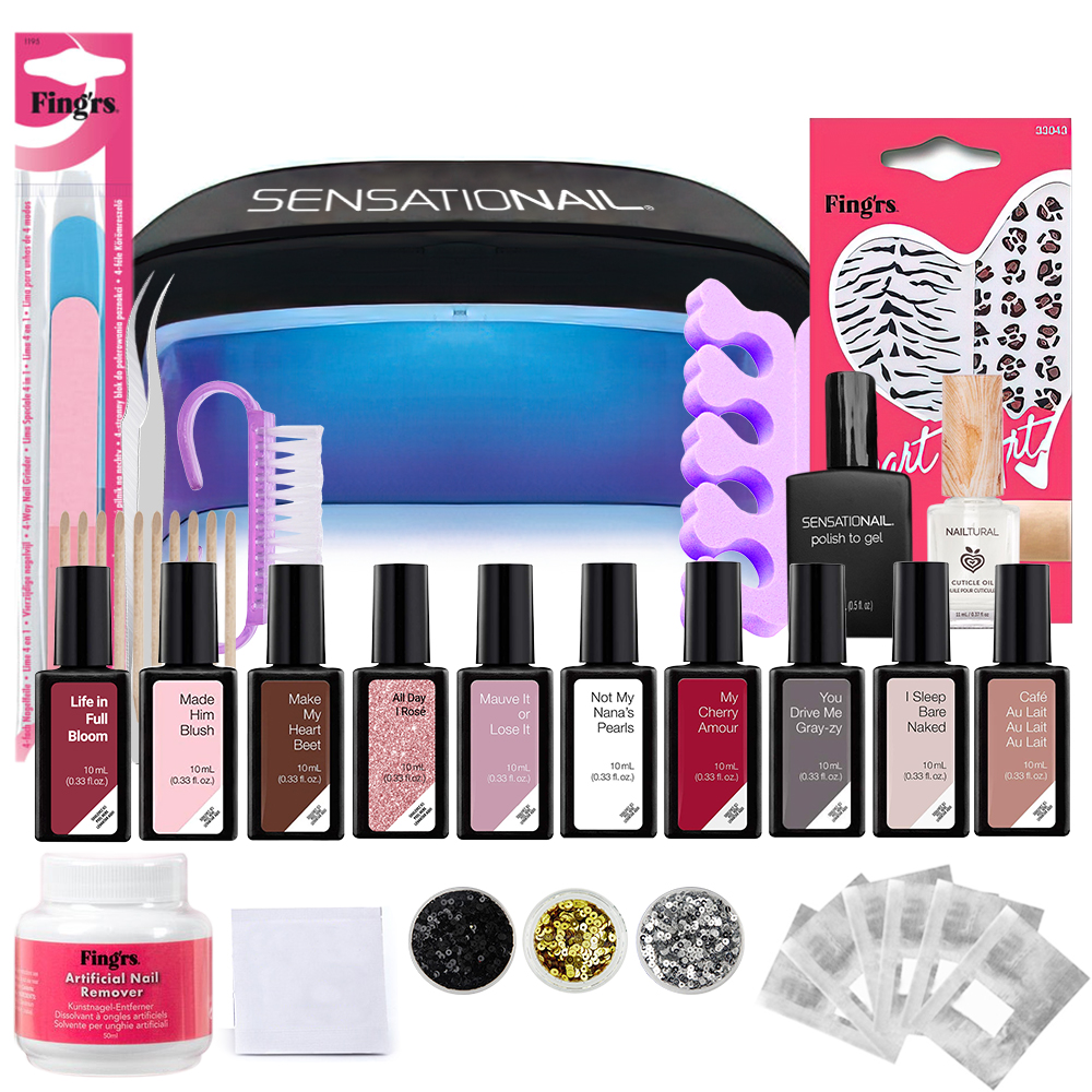 Kit oja semipermanenta 10 buc + lampa led/uv unghii + set nail art Sensationail