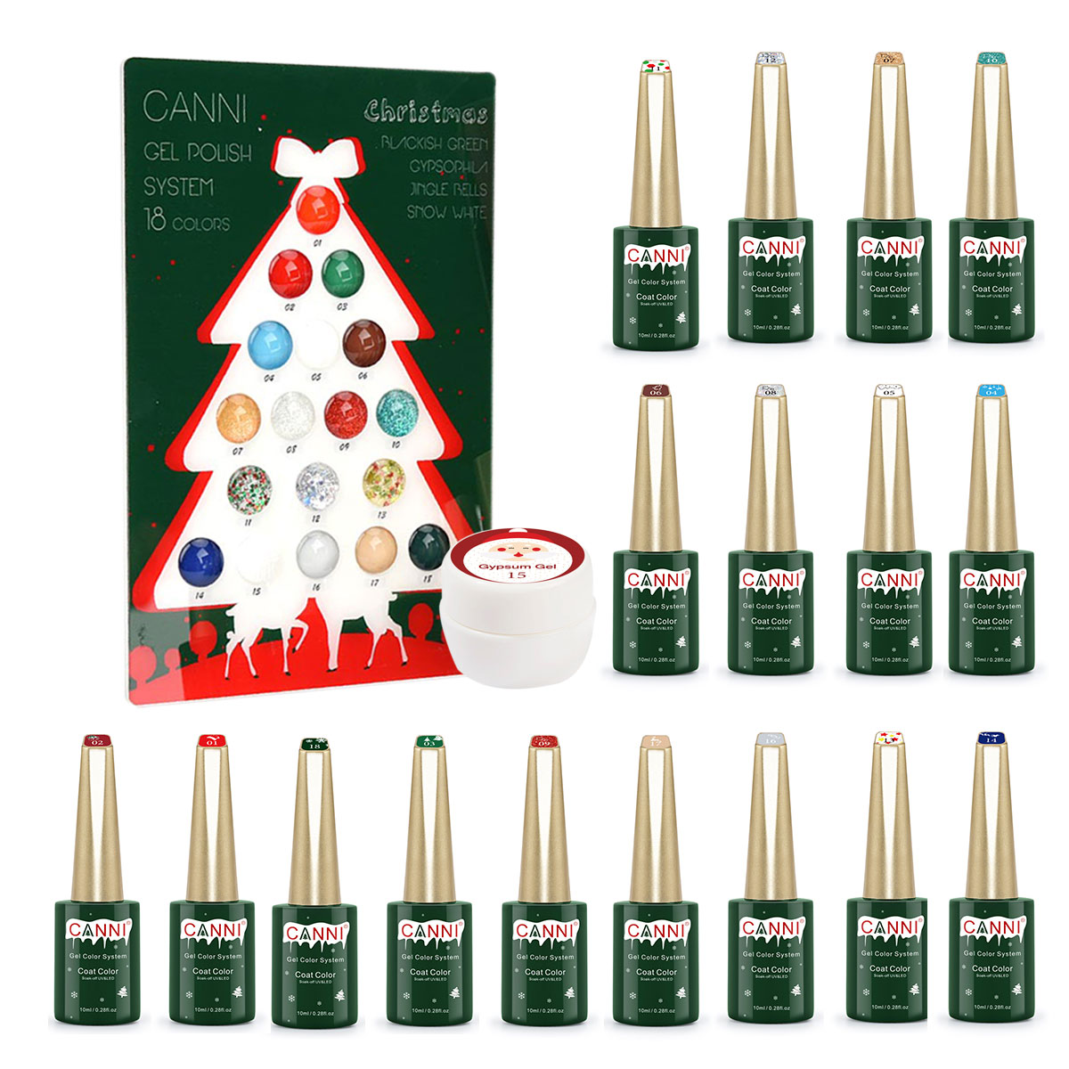 Kit oja semipermanenta Canni, colectie de Craciun, 17 culori, 1 gypsum gel, Catalog culori