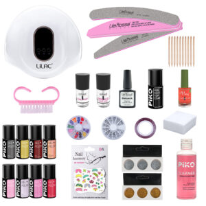 Kit unghii oja semipermanenta Fantasy, Piko, cu lampa UV LED 90 W, 8 oje semipermanente, degresant, top, baza, decoratiuni