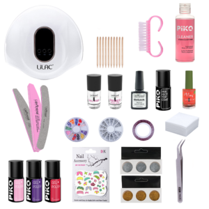 Kit unghii oja semipermanenta Sweet Candy, Piko, cu lampa UV LED 90 W, 3 oje semipermanente, degresant, top, baza, decoratiuni