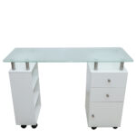 Masa manichiura Lila Rossa, blat de sticla, pal alb, 2 dulapuri