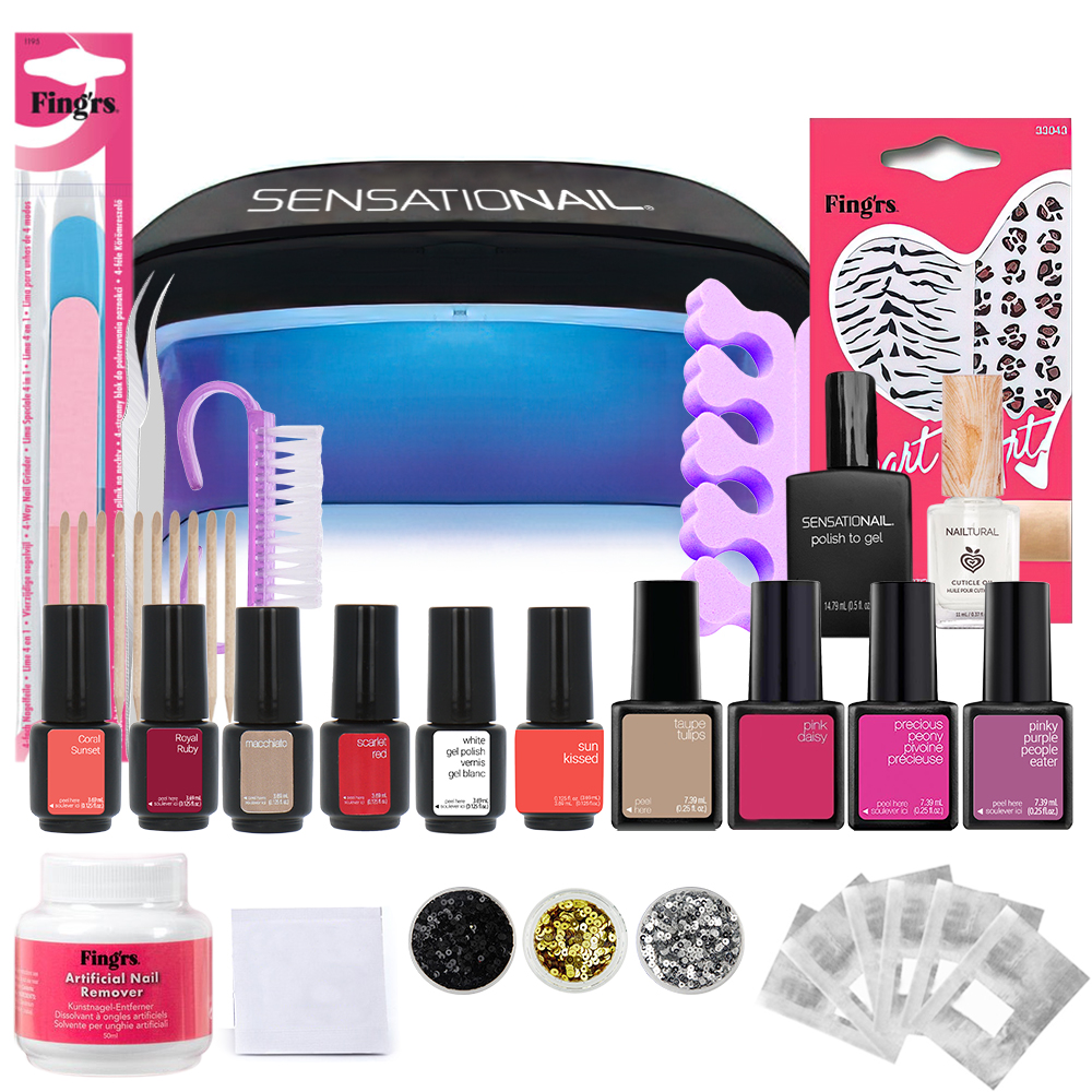 Kit oja semipermanenta 10 buc + lampa led/uv unghii + set nail art Sensationail